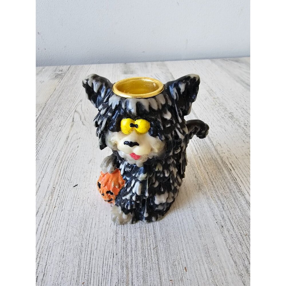 Vintage melted candle cat holder stick pumpkin jack-o'-lantern‎